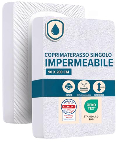 Dreamway - Coprimaterasso Singolo Impermeabile 90 x 200 x 30 cm, Morbido, Certificato OEKO-TEX, Proteggi Materasso, Traspirante, Lavabile a 60°C, Stile Montato Tutto Intorno Elastico
