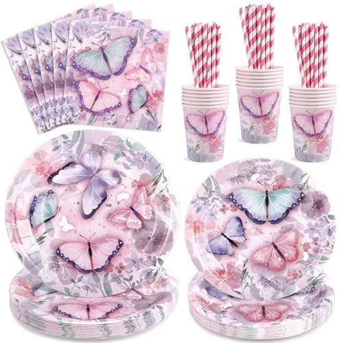 Schmetterling Partygeschirr Set für 20 Gäste, 100 Stück Schmetterling Geburtstag Deko für Mädchen Geburtstag Deko Kindergeburtstag Gehören Partyteller, Servietten, Pappbecher, Papierstrohhalme