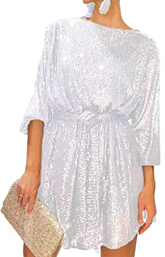 Fiacafyo Women Long Sleeve Sequins Glitter Dress Sparkly Party Loose Fit Shift Mini Short Dress Elegant Evening Cocktail Dress (A-White, XL)