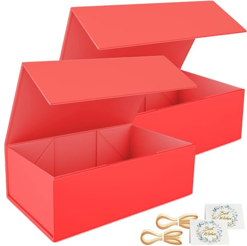 2 Pack Geschenkbox, 30x15x10cm Geschenkboxen für Presents with Lids Magnetic Closure Rectangle Collapsible for Groomsman Proposal Box, Wedding, Christmas, Halloween, Birthday Gift Packging (Rot)
