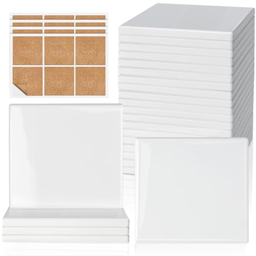 Sublimation Coasters, GOH DODD 24 Pack Ceramic Tiles for Crafts Glossy Glazed White Blanks with 24 Cork Backings for Alcohol Ink, Painting, Heat Transfer, Housewarming Gifts Wedding, Square, 4 Inch