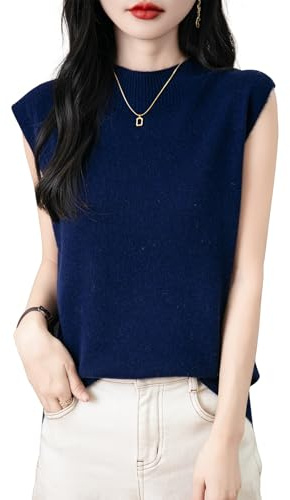 Chanyarn Damen 100% Merinowolle Pullover Frühling Herbst Winter First-Line Ready to Wear Rollkragen Nahtlos Strick Ärmellos Pullunder (Navy Blau,S)