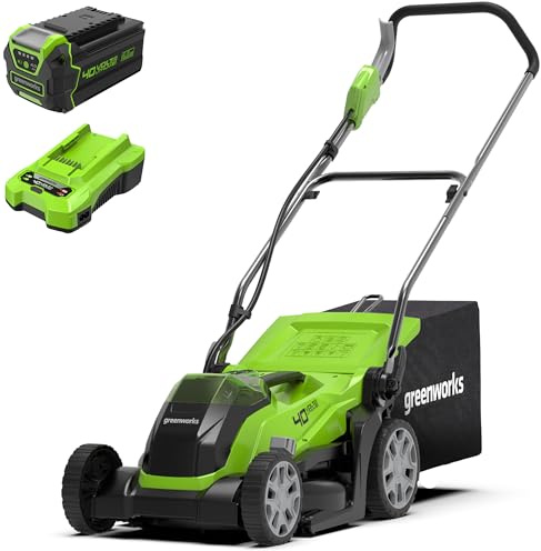 40V Akku-Rasenmäher Greenworks kabellos für Gärten bis zu 500 m² G40LM35, Schnittbreite 35 cm, 3 Jahre Garantie mit 40V 5Ah Akku & 2A Universal Ladegerät Kit GSK40B4