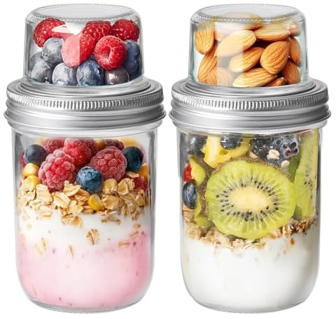 ComSaf Overnight Oats Gläser 480ml+120ml 2er Set,Müslibecher to Go aus Glas | 120 ml Topping-Fach, Doppeldeckel, Auslaufsicher, Joghurtbecher to go, Chia-Pudding, Obst, Nüsse, Büro, Frühstück unterwegs