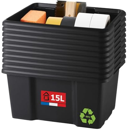 SUNDIS Bac de rangement plastique 15L, x10, noir, L.38xl.29x H19,5cm | Empilable et superposable, multiusage, idéal pour l'atelier, le transport, le garage, le bricolage, le jardinage