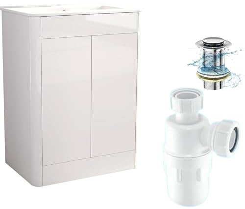 BELOFAY Vanity Unit with Basin | 600mm Floor Standing Bathroom Vanity Unit with Basin | High Gloss White | Push to Open Doors with 1 Tap Hole, Trap & Waste, Tap not included (Edison White)