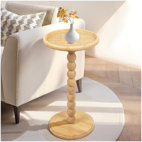 FASNAHOK Drink Table, Boho Rattan Small Round Side Table for Small Spaces, Solid Wood Circle End Table for Living Room, Pedestal Table for Couch, Bedroom, Corners, Natural