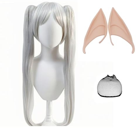 Cosplay Parrucche Parrucca da Donna,Grigie Lunghe Parrucche con due Code Sciolti con Cuffia per Parrucca Orecchie da Elfo per Halloween Carnevale Anime Natale Compleanno
