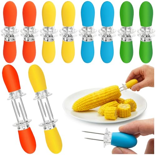 20Pcs/10 Pairs Corn Holders, Corn Cob Holders, Stainless Steel Corn on The Cob Holders with Silicone Handle, BBQ Fork Skewers for Camping Home Cooking Parties