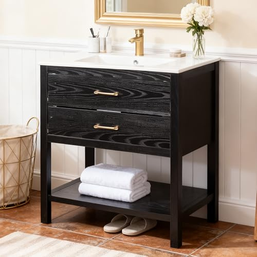 otlecties 30 Bathroom Vanity with Sink, Farmhouse Freestanding Bathroom Cabinet with 2 Drawers & Open Shelf, Metal Handles, Faucet & Supply Pipe, Modern Storage Vanity Combo, Black Oak