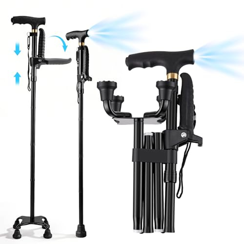 Standing Aid with LED Light,Folding Cane with Led Light and Ergonomic Handle Grip,Portable Walking Cane Stick with Replaceable Base,Suitable for The Elderly,Hiking,Men & Women
