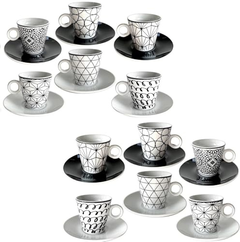 PALUPLUS Set 12 Tazzine caffè con Piattino in Porcellana da 80 ml, Tazze da Espresso con Manico, Lavabili in Lavastoviglie, Adatte per Microonde, Fantasia Graphic -271F