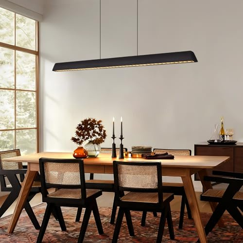 Wood Linear Pendant Light, Dimmable Kitchen Island Lighting with Remote, 30W LED Island Lights for Kitchen, Adjustable Linear Chandelier for Dinning Room Light Fixture (Black, 45inch)