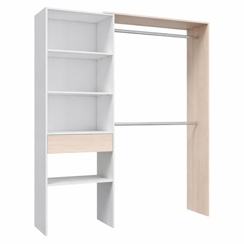 Arreditaly Armadio Guardaroba Con 2 Barre Appendiabiti 4 Ripiani E Cassetto Armadietto Mobile Salvaspazio Reversibile per Camera Cameretta Cabina Armadio 187 x 40 x 158 Cm Bianco Opaco e Rovere