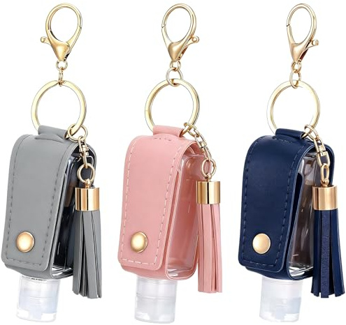 Classicseali 3PCS Hand Sanitiser with Clip,Portable Hand Sanitiser Keyring | Refilled Empty Leather Hand Gel with Clip,with Keychain, for Bathroom Liquid Soap Shampoo, Gray, Blue, Pink