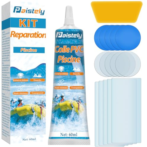 Paistely Kit de Réparation Piscine Imperméable et Transparent, pour Matelas Pneumatiques, Matériaux en PVC, ABS, EVA et Caoutchouc, Structures Gonflables (60ml)