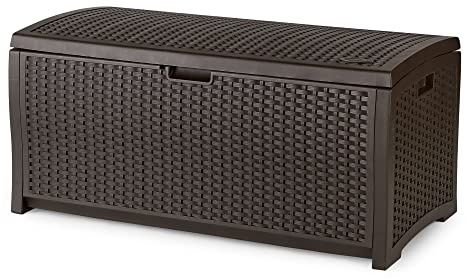 Suncast Outdoor Storage Box - 73 Gallon Mocha Brown Deck Box for Patio, weather-resistant Outdoor Storage Bench, Resin Wicker Style, Heavy-Duty, Lockable Lid for Cushions, Shoes, Pool & Garden Gear