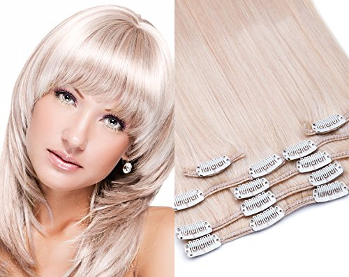 GlamXtensions Clip In Extensions Set für komplette Haarverlängerung 100% Echthaar 7 teilig 70g hochwertigeres Remy Haar 45 cm Clip-In Hair Extension Nr. 613 Hell - Lichtblond blond