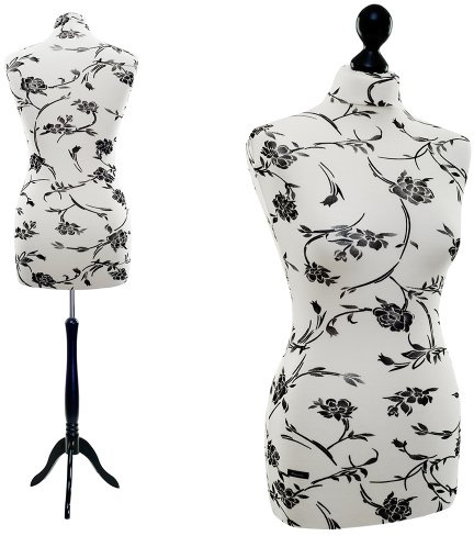 Schneiderpuppe LUCCESI / S - XL (Female) / Torso L/XL (42-44) Wechselbezug Creme-Weiss/florales Muster (schwarz) / Standfuss schwarz