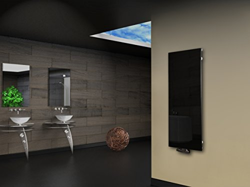 Badheizkörper mit Glas Design Montevideo 2 Glasfront 120x47cm 799 Watt schwarz SZAGATO Handtuchwärmer Handtuchtrockner Handtuchhalter Paneelheizkörper vertikal Flachheizkörper design Badheizkörper