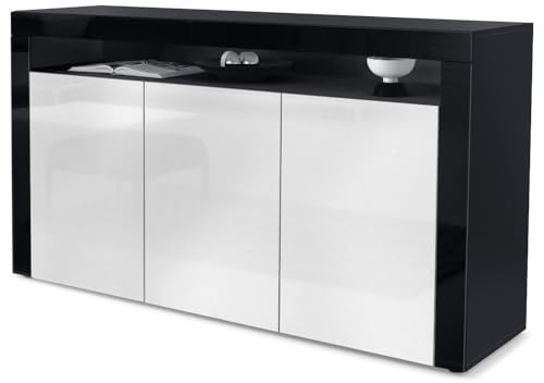 Vladon Sideboard Valencia, Kommode mit 3 Türen und 1 offenem Fach, Schwarz matt/Weiß Hochglanz/Schwarz Hochglanz (155 x 92 x 40 cm)