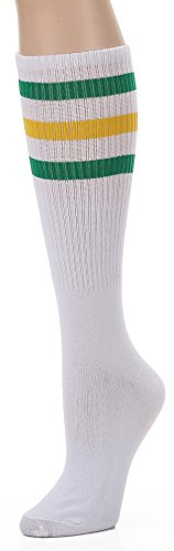 Leotruny Calcetines de tubo hasta la rodilla: calcetines retro a rayas para hombres y mujeres, Blanco/verde/amarillo, talla única