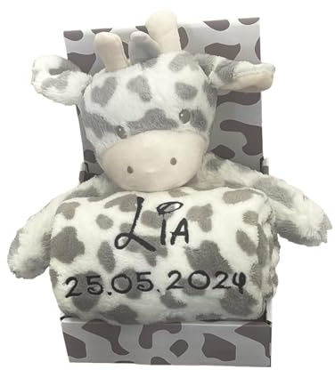 KIDDI-MEDIA Babydecke mit Name & Geburtsdatum Bestickt, Grau/Weiss | Inkl. Plüsch Stofftier, Geschenk Taufe Geburt, CE-Zertifizierung, Giraffe