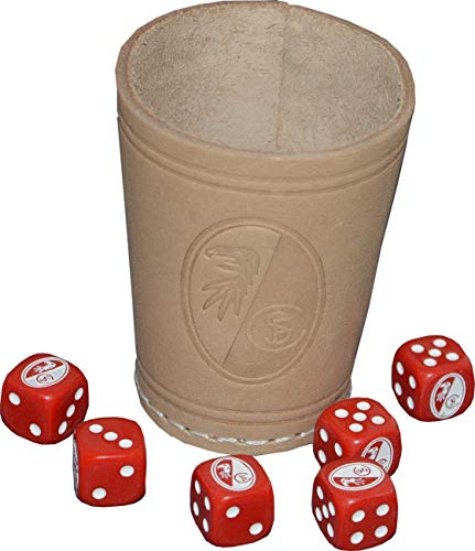 Unbekannt Leder Würfelbecher-Set SC Freiburg, 6 Würfel, Echtleder, Kunststoff, Konischer Würfelbecher, Becher, Zuhause, Reise, Soziale Spiele