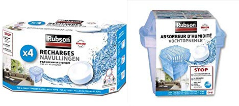 Rubson Absorbeur d'humidité Basic 20 m² Incluant une Recharge + Lot de 4 Recharges Universelles pour Déshumidificateur Rubson Basic