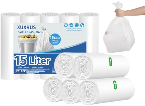 XUXRUS 15L Small Bin Bags, 100 Pack Pedal Bin Liners for Bathroom | Durable and Strong Rubbish Bags, Leak-Resistant, Unscented, Ideal for Bedroom and Office Use