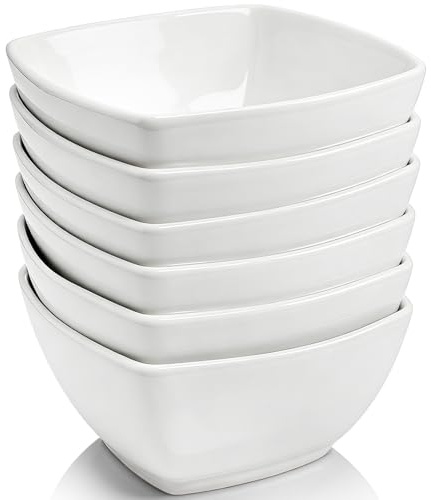 Foraineam Porcelain Square Soup Bowls, 24 Ounces Microwave Safe Cereal Bowls, White Serving Bowl for Dinner, Soup, Dessert, Salad, Fruit, Small Side Dishes, Set of 6