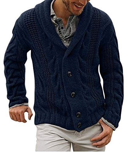 Onsoyours Gilet Homme Tricoté Pull avec Col Châle Cardigan Veste en Tricot avec Boutons Veste en Maille Chaud Hiver Sweatshirt Vintage Manteau Grosse Maille Blouson Vintage Bleu Foncé L