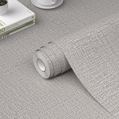 WADILE Grasscloth Peel and Stick Wallpaper 15.7in x 393.7in, Textured Contact Paper for Cabinets, Faux Linen Wall Paper Pull and Stick, Fabric Vinyl Wallpaper Self Adhesive Light Gray