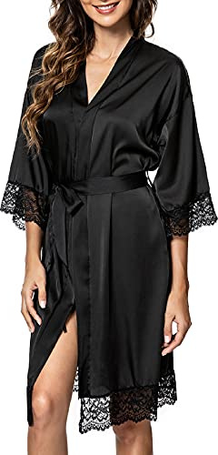 Tuopuda Bademantel Damen, Satin Kimono Morgenmantel Sommer, Nachthemd Spitze mit Taschen Kurz Robe mit Gürtel Blumenspitze Nachtwäsche Sleepwear für Party Hochzeit Braut Brautjungfern, Schwarz, S