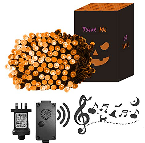 Eambrite Halloween Lights 20m 200 LED Orange Fairy Lights Plug in with Horror Halloween Music Sync Waterproof Outdoor String Lights Decorations for Garden Home Haunted House Décor- Black Cable