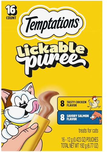 Temptations Creamy Puree Squeezable Lickable Cat Treats, Wet Cat Treats with Salmon and Chicken Variety Pack, 0.42 oz. Tubes, 16 Count