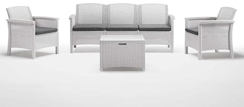 BICA Set Venezia 3 – Set de Meubles d'extérieur 2 fauteuils, 1 canapé 3 Places, Table de Rangement et Coussins de siège, Blanc