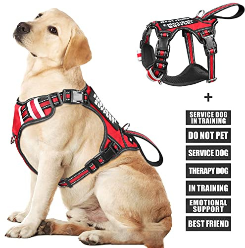 WINSEE Service Hundväst inget drag hundsele med 7 hundlappar, reflekterande husdjurssele med hållbart mjukt vadderat handtag för valpar, små, medelstora och extra stora hundar