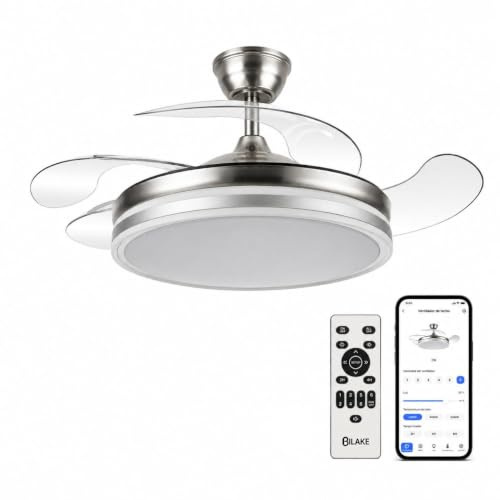 Bilake Ventilador de Techo con Aspas Retráctiles y Luz LED. Motor DC Ultra Silencioso, Bluetooth (App) y Mando, Función Invierno/Verano, Memoria y Altura Regulable (Niquel, 108cm | 50W | 6200lm)