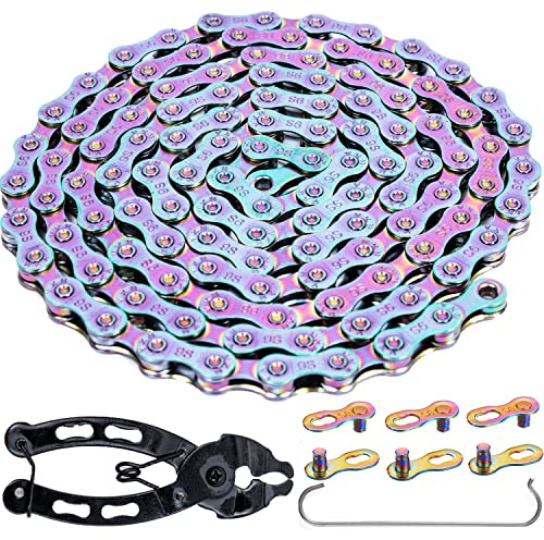 YBEKI 6/7/8/9/10/11 Speed Carbon Steel Bike Chain with Full Silver Plating, 116 Links, 3 Extra Master Links & Chain Tool - Compatible with Shimano/SRAM Mountain, Road (9 Speed, Multicolour, 1)