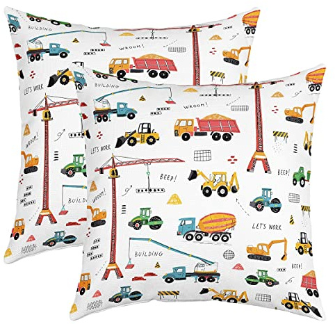 Homewish Kinder Bagger Kissenbezüge 45x45 Set von 2 - Traktor, Maschinen, Lkws Wurf für Haus, Bett, Couch - Baufahrzeug, Bulldozer, Kran Cartoon Dekorative Bezüge