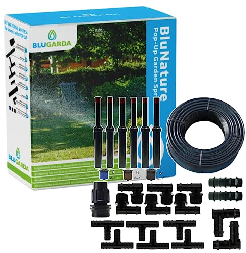 BluGarda - BluNature Pop-Up Bewässerungssprinkler für den Garten - Rasenbewässerung Sprinklersystem Kit - Pop-up Sprinkler mit Sprühköpfen Set für Rasenflächen bis zu 70m2