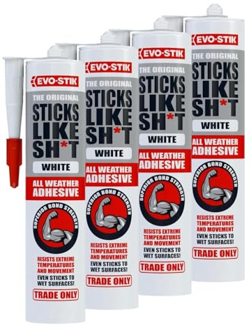 EVO-STIK Sticks Like Sh*t Adhesive, All Weather, Extreme Temperature & Movement Resistant, Colour: White, Size: 290ml (Pack of 4)