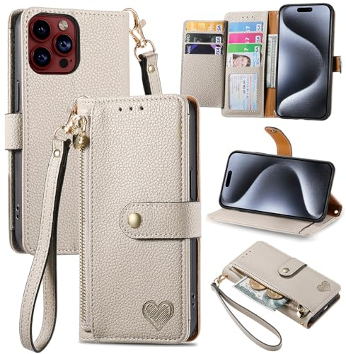 VEEMOS Handyhülle für Apple iPhone 15 Pro Hülle Klappbar Klapphülle Schutzhülle mit Kartenfach RFID Reißverschluss Handy Tasche Leder Flip Case Cover Handytasche Frauen - Grau