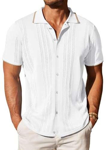 Coofandy Herren Strickhemd mit Knopfleiste, Vintage, kurzärmelig, Polo-Shirts, lässig, Strand-Top, Weiss/opulenter Garten, XX-Large