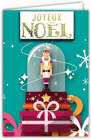 Merry Christmas Card Embossed Collage Glossy Text with Envelope 12 x 17.5 cm Nutcracker Prince King Wooden Soldier Music Box Gifts Stars Flakes Illustration Best Wishes End of Year