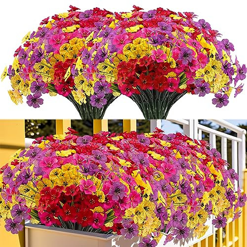 Kinisty 16 Bundles Fake Flowers Outdoor Artificial Silk Flowers, Decorative Faux Plastic Plants Schrubs for Outside Garden Window Box Hanging Baskets