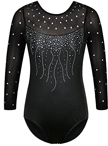ZNYUNE Mädchen Gymnastikanzug mit Pailletten | Kinder Gymnastik Trikot 3/4 Hülse in Tüll