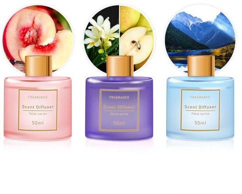 Raumduft Diffuser 3 x 50ml Mit 12 Duftstäbchen,Pfirsich-Oolong/Birne Freesie/Shangri-la,Natürlich,Langanhaltend,Home Duft Reed Diffusor Lufterfrischer für Schlafzimmer Büro Badezimmer Regal Dekor