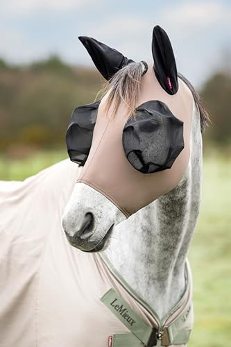 LeMieux Bug Relief Half Fly Mask - Pull On Design - Four Way Stretch Fabric - Bug-Eye Eye Darts - Mesh Ears - Walnut - Small